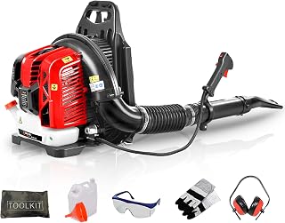 BU-KO 63cc Petrol Leaf Blower - Powerful 2-Stroke Air-Cooled Engine - Lightweight with Enhanced Padded Support Straps When in Use - Safety Gear