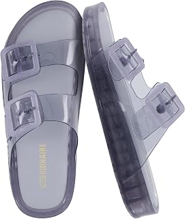CUSHIONAIRE Pool Slippers for Women Water Resistant Double Buckle Adjustable Slip-On Ladies Sandals for Beach Shower Casual Wear