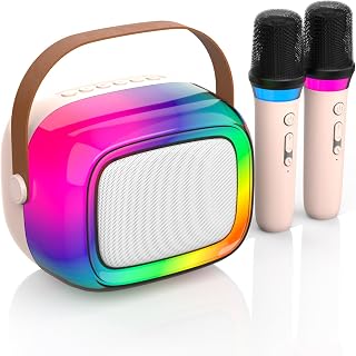 Karaoke Machine with 2 Wireless Microphone, Mini Portable Bluetooth Speaker with Colorful Lights for Kids and Adults, Gifts Toys for Girls and Boys 4, 5, 6, 7, 8, 9, 10 +Year Old Birthday Party Family