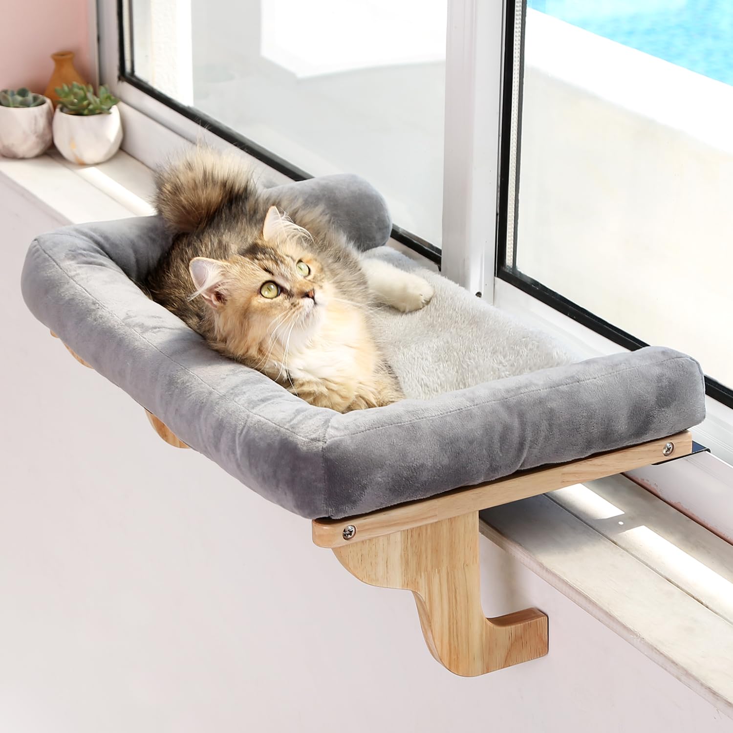 Zakkart Cat Perch for Windowsill with Bolsters (Natural Wood/Gray, L) | Hook-On 