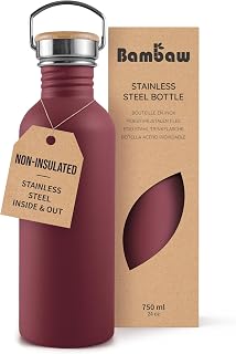Bambaw Stainless Steel Water Bottle 750ml, Red Non-Insulated Water Bottle, Metal Water Bottle, Leak Proof and Reusable – Red Berry