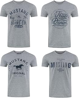 Mustang, Pack of 4 Men's T-Shirts with Front Print and Round Neck, Assorted Colours Blue and Black