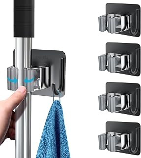 homeasy Mop Broom Holder, Stainless Steel Wall Rack, 4 Pcs, Black Mix
