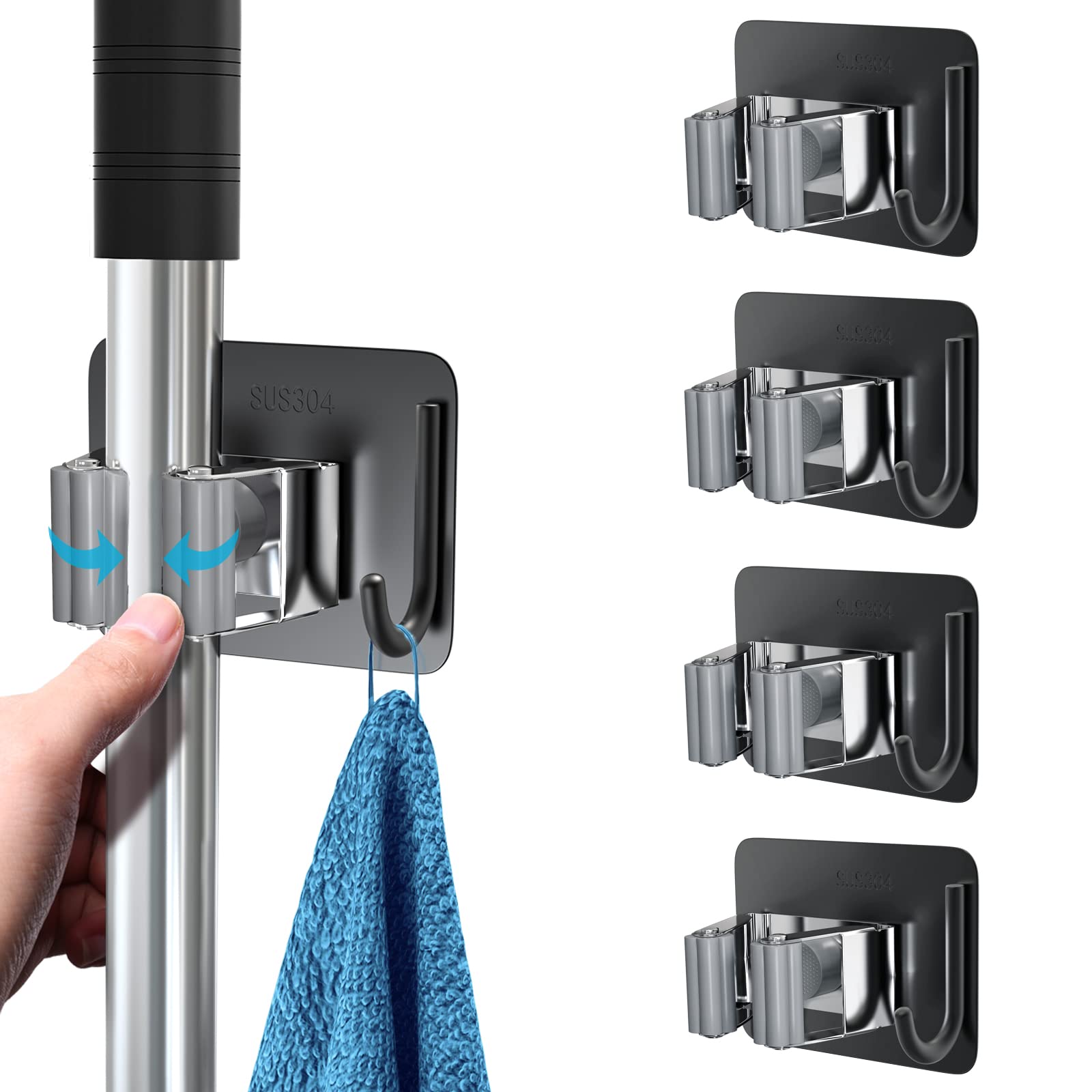 homeasy Mop Broom Holder, Stainless Steel Wall Rack, 4 Pcs, Black Mix