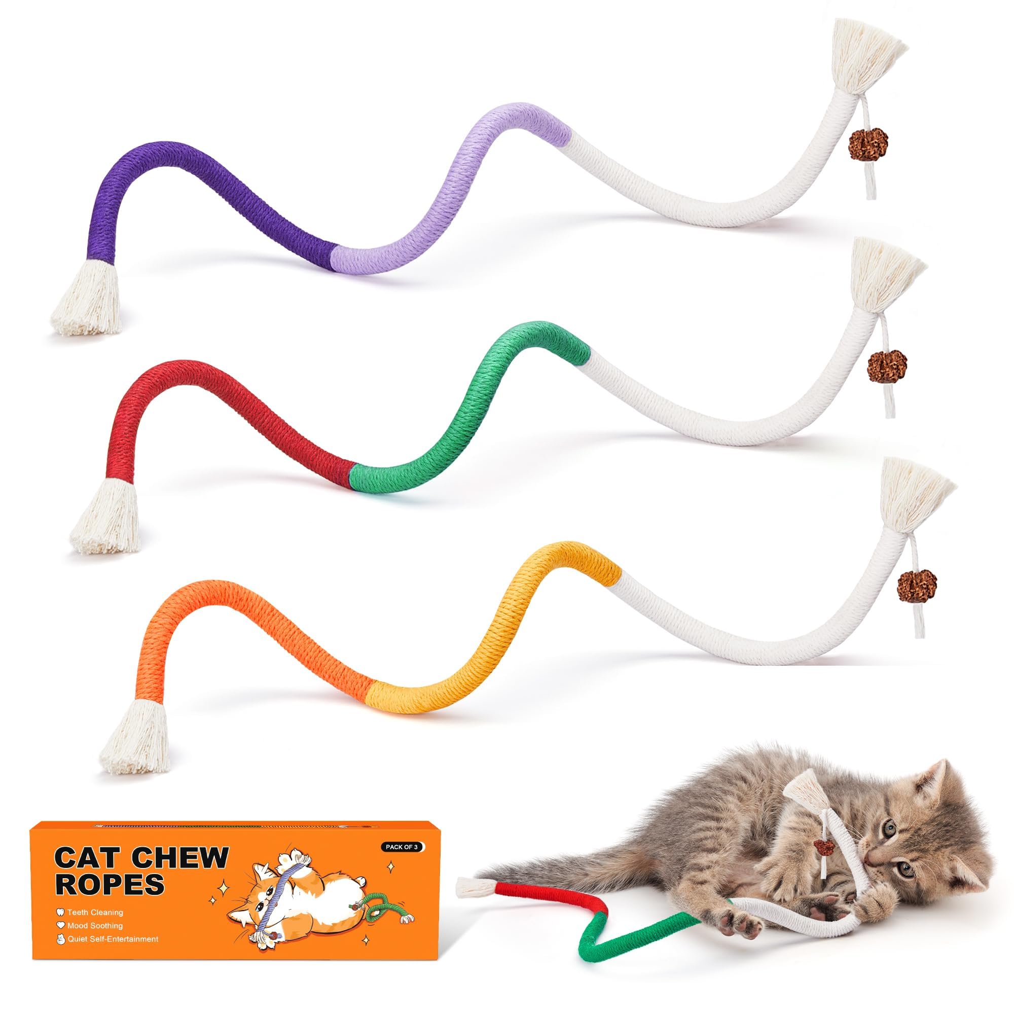 Potaroma Cat Toys Chew Ropes 3Pcs with Refillable Natural Catnip | Safe Teeth Cl