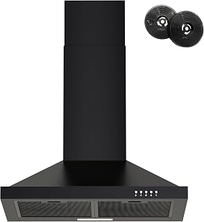 FIREGAS Range Hood 24 inch, Wall Mount Range Hood in Black, Kitchen Hood | Stainless Steel, Ducted/Ductless Convertible, 3-Speed Fan, 2 LED Lights, with Duct Pipe & Charcoal Filters