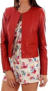 Azrah 100% Leather Jacket for Women - Collarless Deep Neck & Slim Fit - Moto, Bomber, Biker Winter Casual Wear