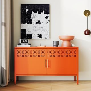 Metal Locker Cabinet Short, 2-Door Storage Cabinets with Adjustable Shelf, Magnetic Lock, Ventilated Doors, Steel Accent Sideboard Cabinet for Office Home, Orange