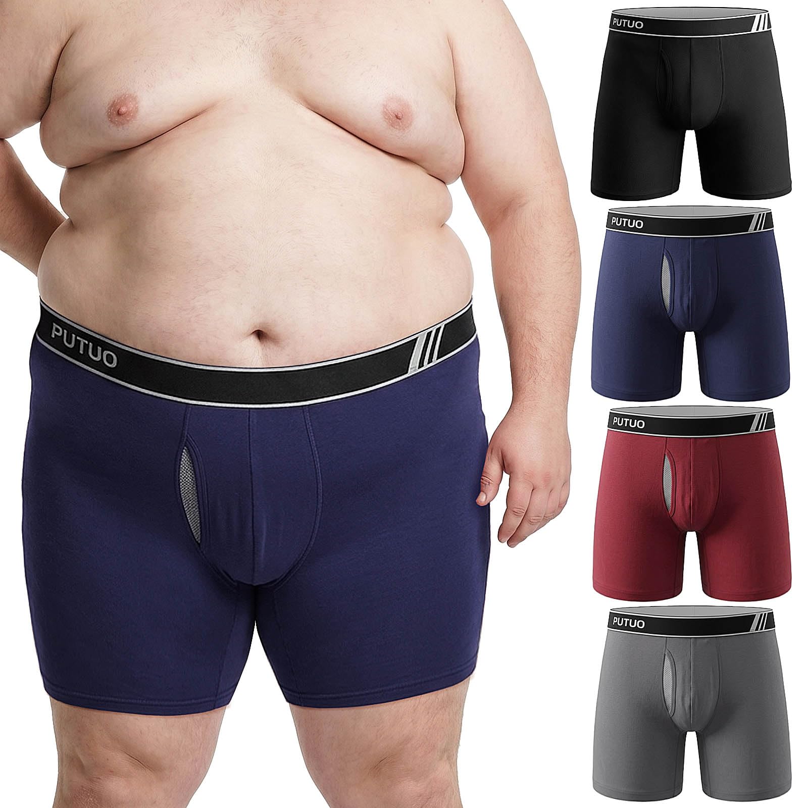 PUTUO Men's Cotton Boxer Briefs: Long Leg Underwear for Men in Large Sizes Comfo
