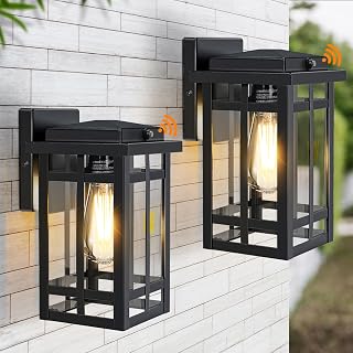 2 Packs Dusk to Dawn Outdoor Wall Lighting 9.76'', Exterior Light Fixture Wall Mount for House Front Porch Light, Black Anti-Rust Modern Outdoor Wall Lantern with Tempered Glass Shade for Garage