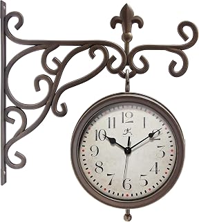 Infinity Instruments Charleston Outdoor Clock Thermometer, Double Sided Wall Mount, Waterproof Vintage Train Station Style, Large Garden Patio Decor with Swivel Hanging Display - Beauregard