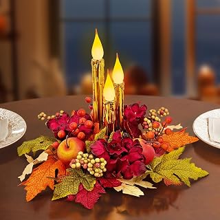 Fall Centerpiece Table Decoration,LED Candles with Artificial Maple Leaves | Berries,Rustic Farmhouse Decor for Dining Room,Living Room,Fireplace Mantel,Thanksgiving&Autumn Home Decor
