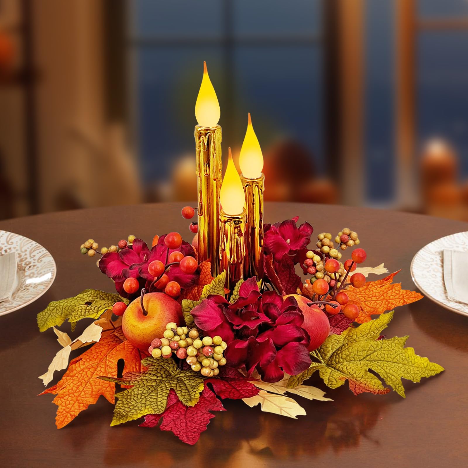 Fall Centerpiece Table Decoration,LED Candles with Artificial Maple Leaves | Ber