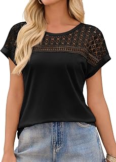 Women Lace Tops Casual Short Sleeve Round Neck T Shirt Hollow Out Loose Blouse