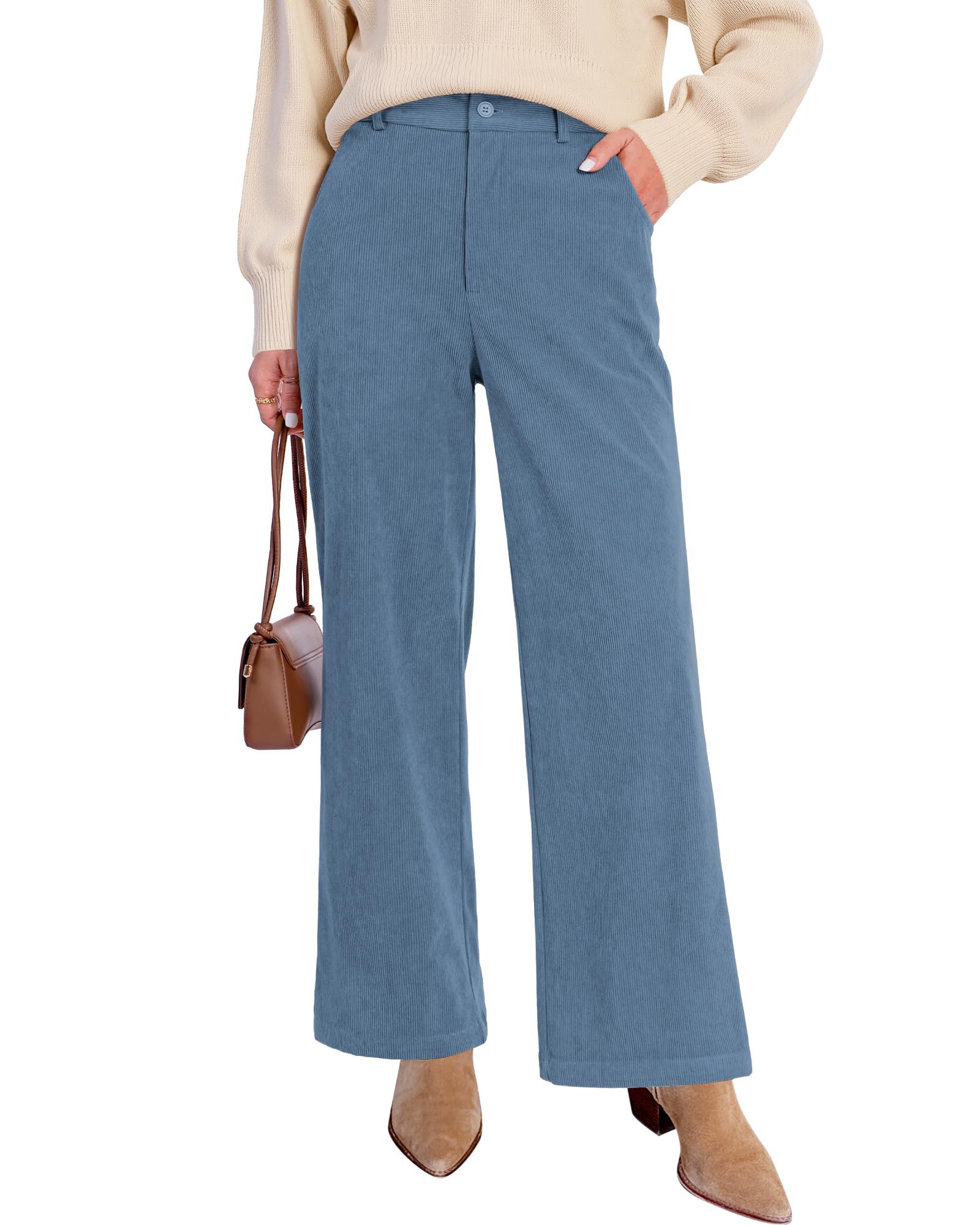 GRAPENT Corduroy Wide Leg Pants Woman High Waisted Fall Business Casual Elastic 