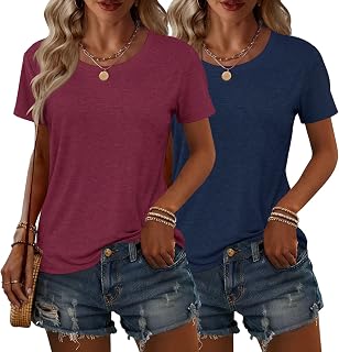 KILISU 2枚 レディース 半袖 Tシャツ クルーネック 無地 ソフト ベーシック Tシャツ カジュアル ルーズフィット 軽量 サマートップス 服 2026