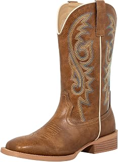 SheSole Botas vaqueras de punta cuadrada para mujer, pantorrilla ancha, color marrón, con bordado clásico