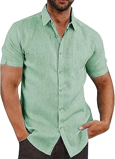 Friptspyg Men's Cotton Linen Shirt Short Sleeve Regular Fit Casual Summer Shirts with Pocket
