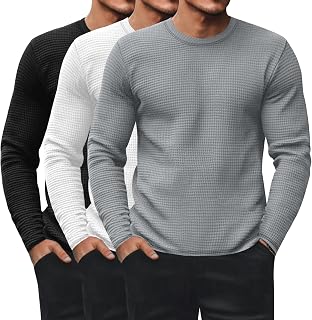 Ficerd Pack of 3 Men's Thermal Sweaters Waffle Long Sleeve Crew Neck Thermal Underwear Casual Pullover