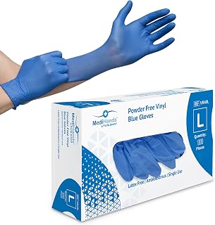 Farla MediHands Blue Large Vinyl Gloves - Box of 100 Disposable Vinyl Medical Glove - Powder, Latex, & Protein Free Glove - Multi-Purpose, Single Use Surgical Gloves
