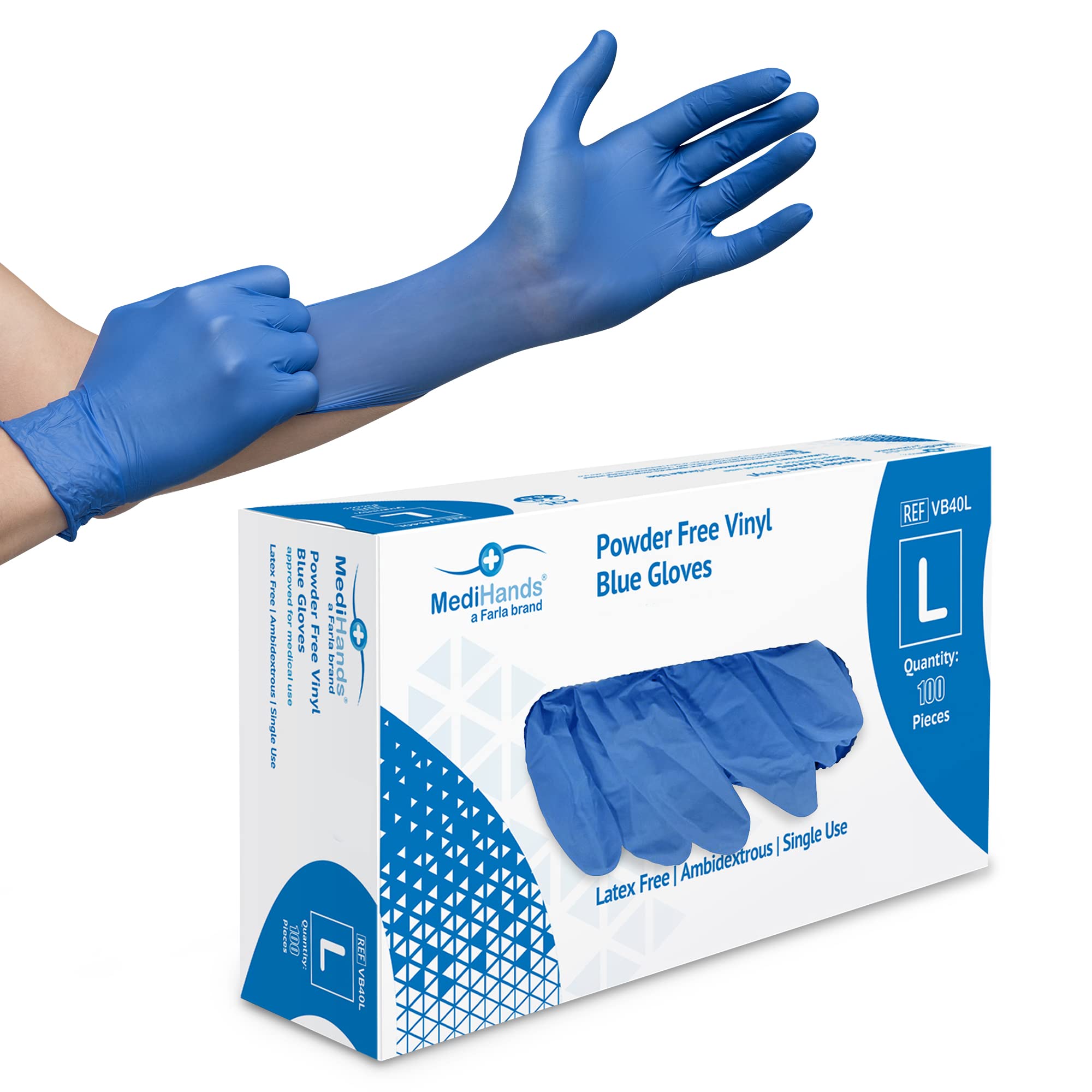 Farla MediHands Blue Large Vinyl Gloves - Box of 100 Disposable Vinyl Medical Gl
