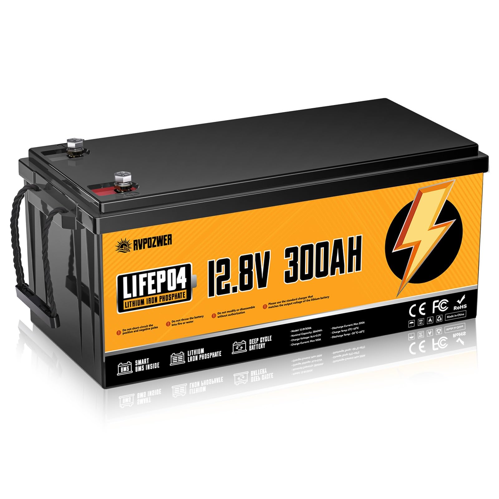 Rvpozwer 12V 300Ah LiFePO4 Battery, Built-in 200A BMS, 18000 Deep Cycles, 3840Wh