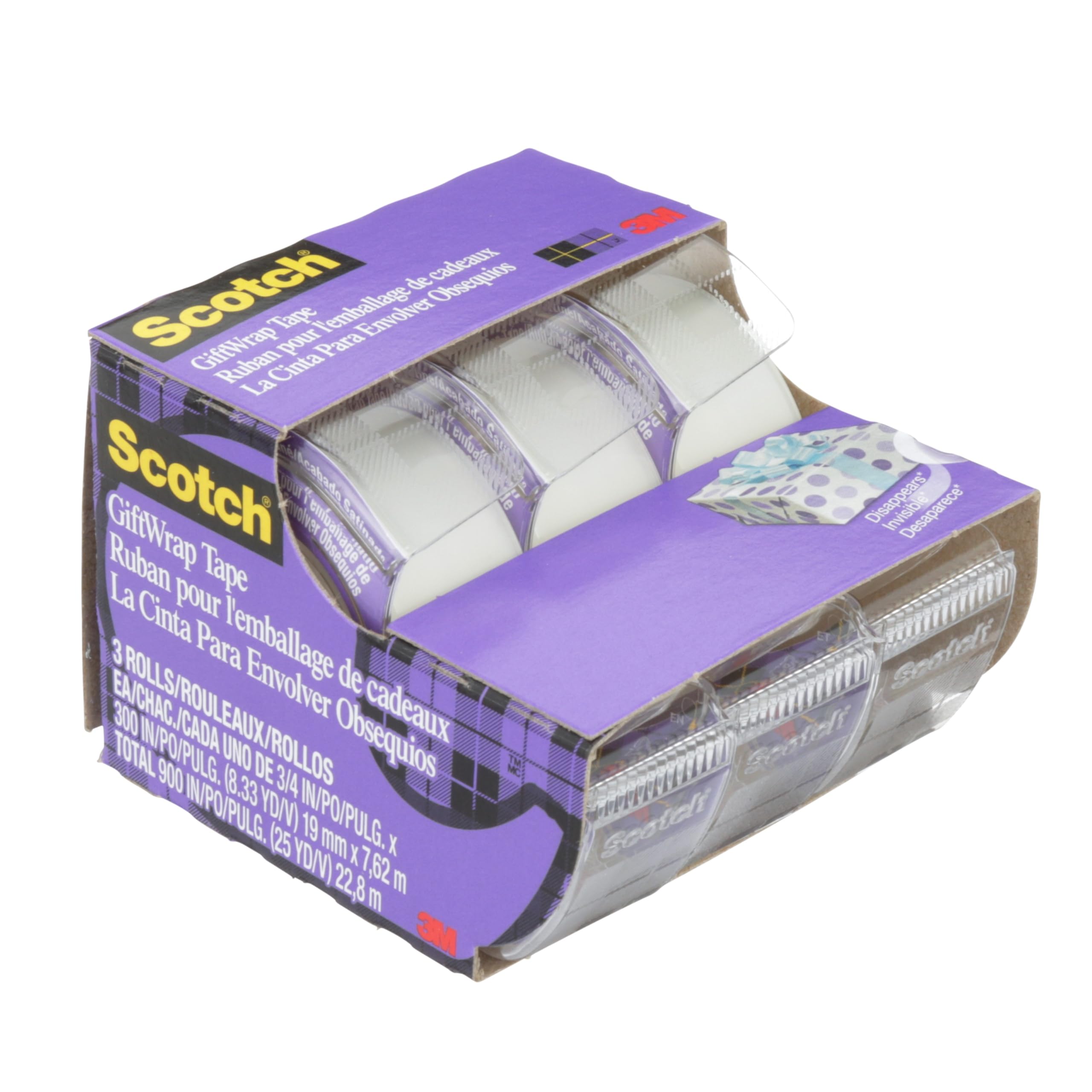 Scotch Tape Gift Wrap Tape, 19mm Wide X 7.62m, 3 Rolls in Dispensers