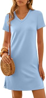 ANRABESS Summer Dress for Women 2026 Beach Vacation Clothes Short Sleeve V Neck Casual T Shirt Sundresses Travel Holiday