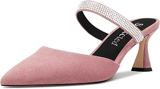 Saekcted Women's Chunky Block Medium Heel Pointed Toe Pumps Slip-on Diamante Crystal Casual Cute Slippers Fashion Shoes