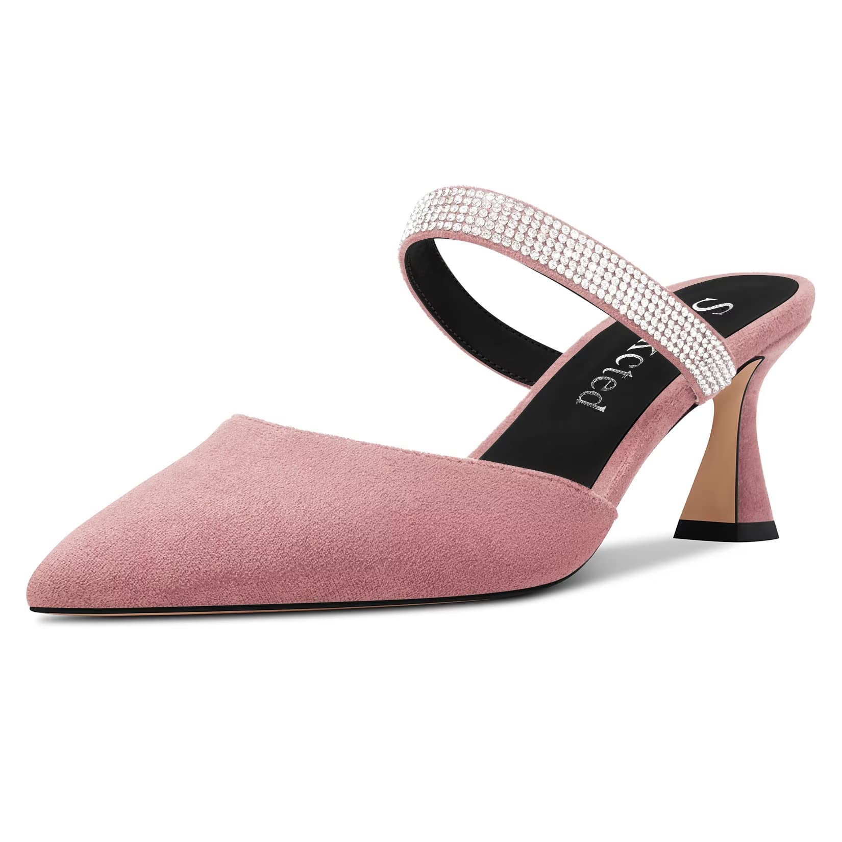 Saekcted Women's Chunky Block Medium Heel Pointed Toe Pumps Slip-on Diamante Cry