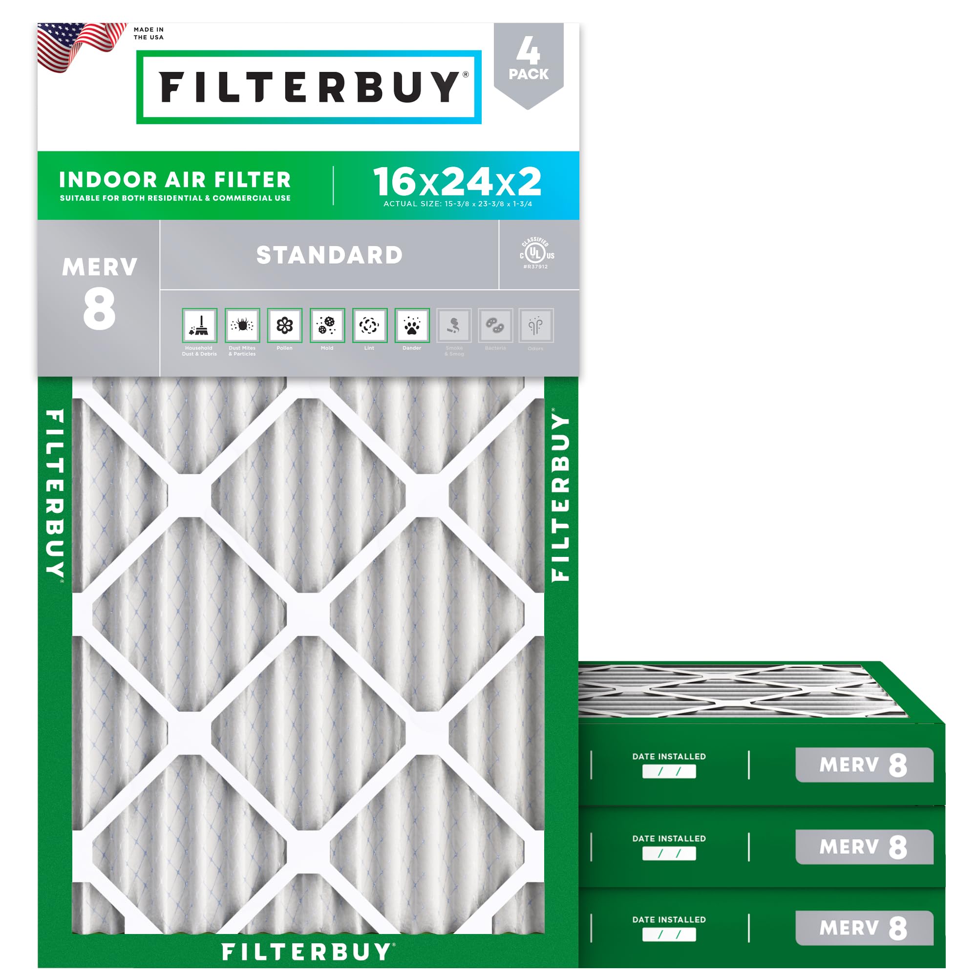 Filterbuy 16x24x2 Air Filter MERV 8 Essential Dust & Allergy Defense (4-Pack), E