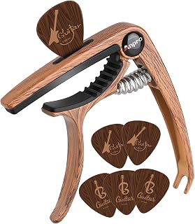 Anpro Guitar Capo Quick Release with 6 Picks, for Acoustic Electric Guitar | Quick Change One-Handed, Zinc Alloy with Silicone Pad, 6 Wood Grain Picks (0.71/0.96mm), No Buzz, Fits Ukulele Mandolin Banjo