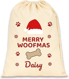 Personalised Dog Christmas Sack, Merry Woofmas, Natural, 45x30cm | Dog Santa sack with custom name, gift bag for your dog's Christmas presents, natural cotton, Medium 45 x 30 cm, 8 litres