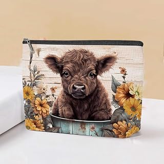 Western Gift Makeup Bag for Women,Cow Gift Floral Cosmetics Bag,Travel Toiletry Pouch,Stylish Gift for Boot Collector, LCS Multicolor 00118