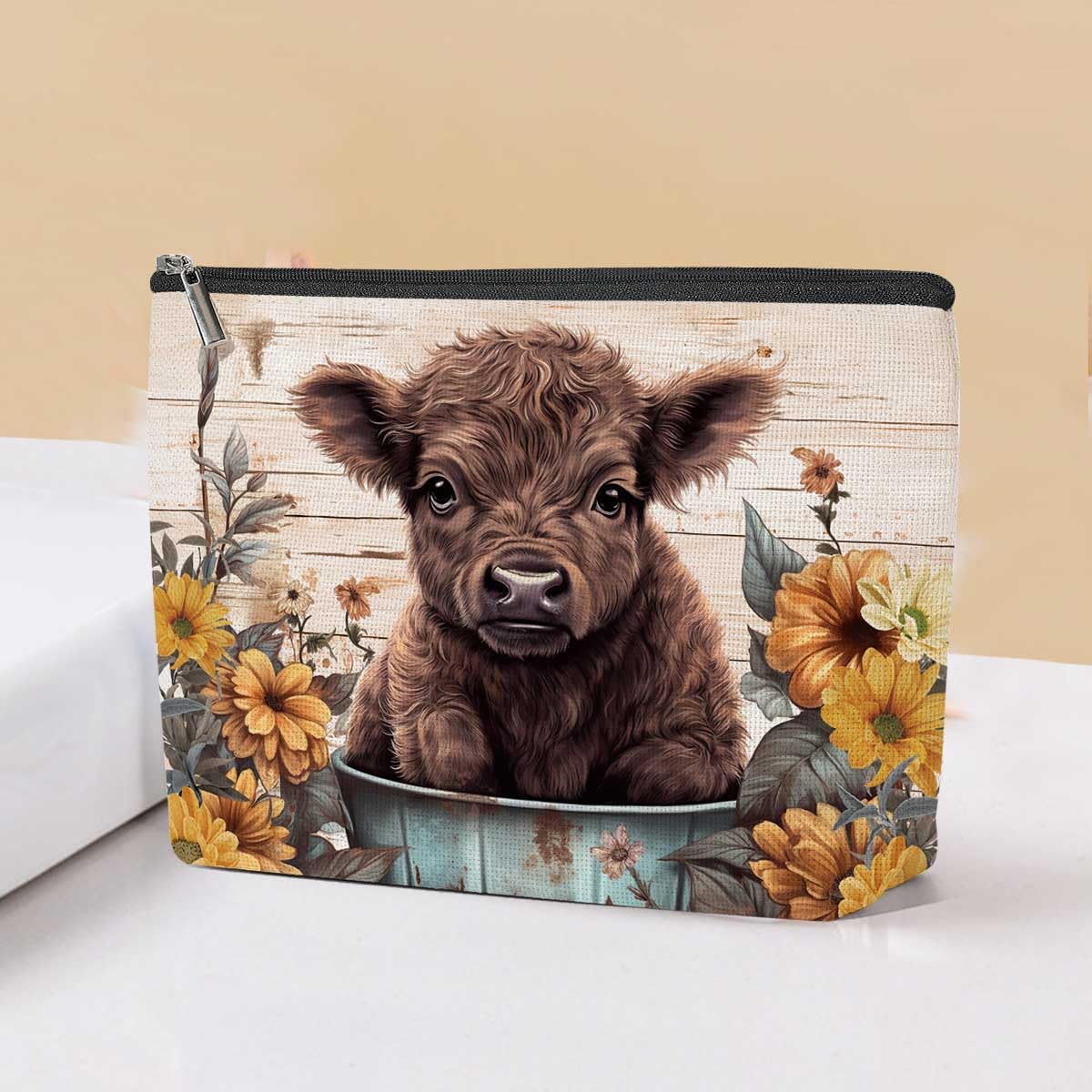 Western Gift Makeup Bag for Women,Cow Gift Floral Cosmetics Bag,Travel Toiletry 