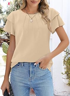 Camicetta da donna a maniche corte con volant, stile boho, casual, girocollo, floreale, estiva, plissettata, tunica top