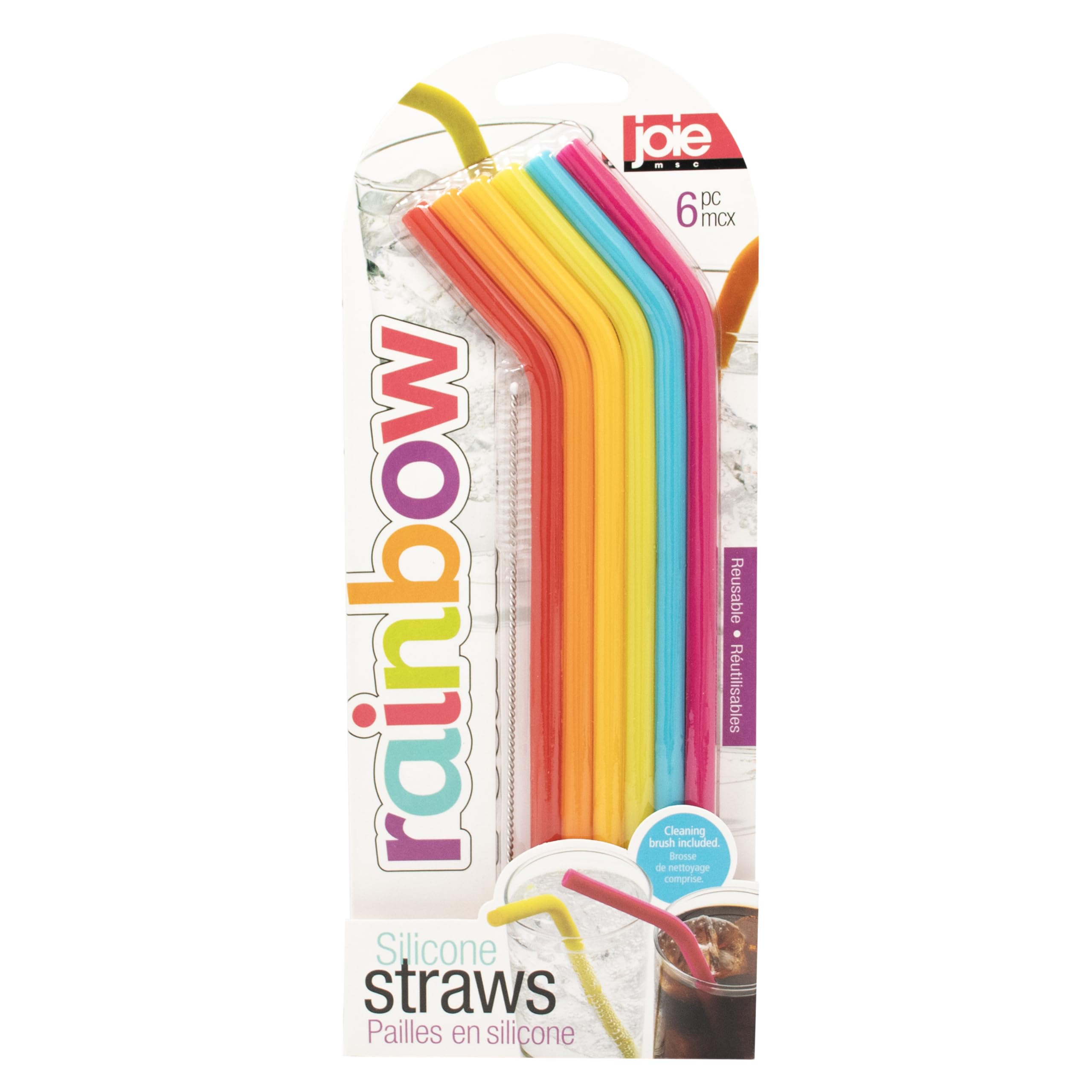 Joie Reusable Silicone Straws, Set of 6 with Cleaning Brush, Rainbow, 6 count