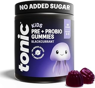 Tonic Health Kids Prebio & Probio Gummies, No Added Sugar, Digestive System, Gut Health, Immune System, Ages 3-12, Vegan, Blackcurrant, Month Supply (60 Count)