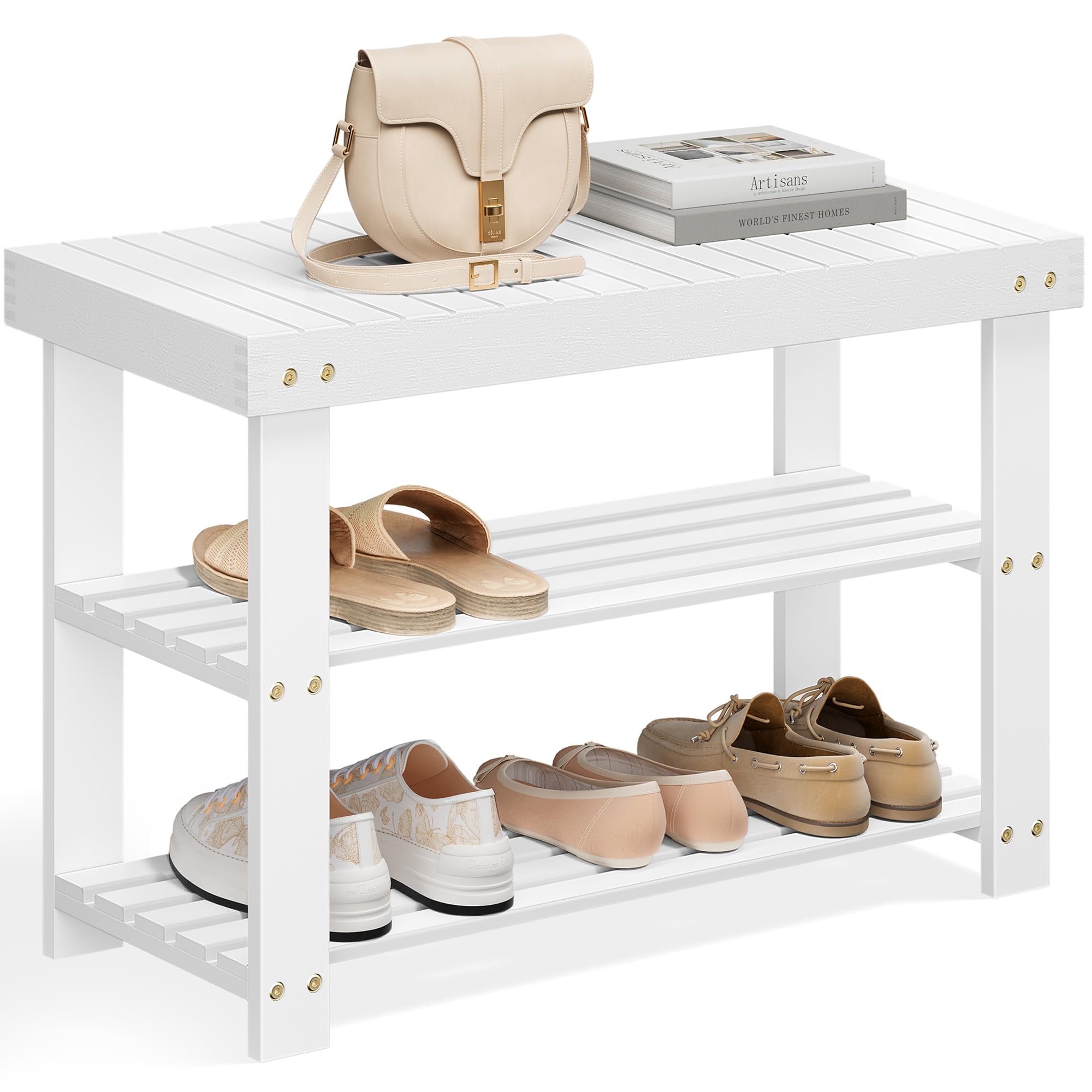 SONGMICS Schuhbank aus Bambus, Wolkenweiß, 70,1 x 28,7 x 45,3 cm