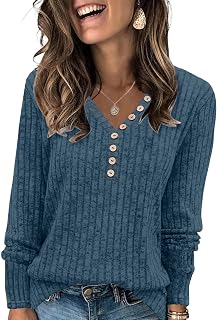 Womens Henley Knit Sweaters 2025 Fall Winter Deep V Neck Long Sleeve Button Pullover Casual Tops