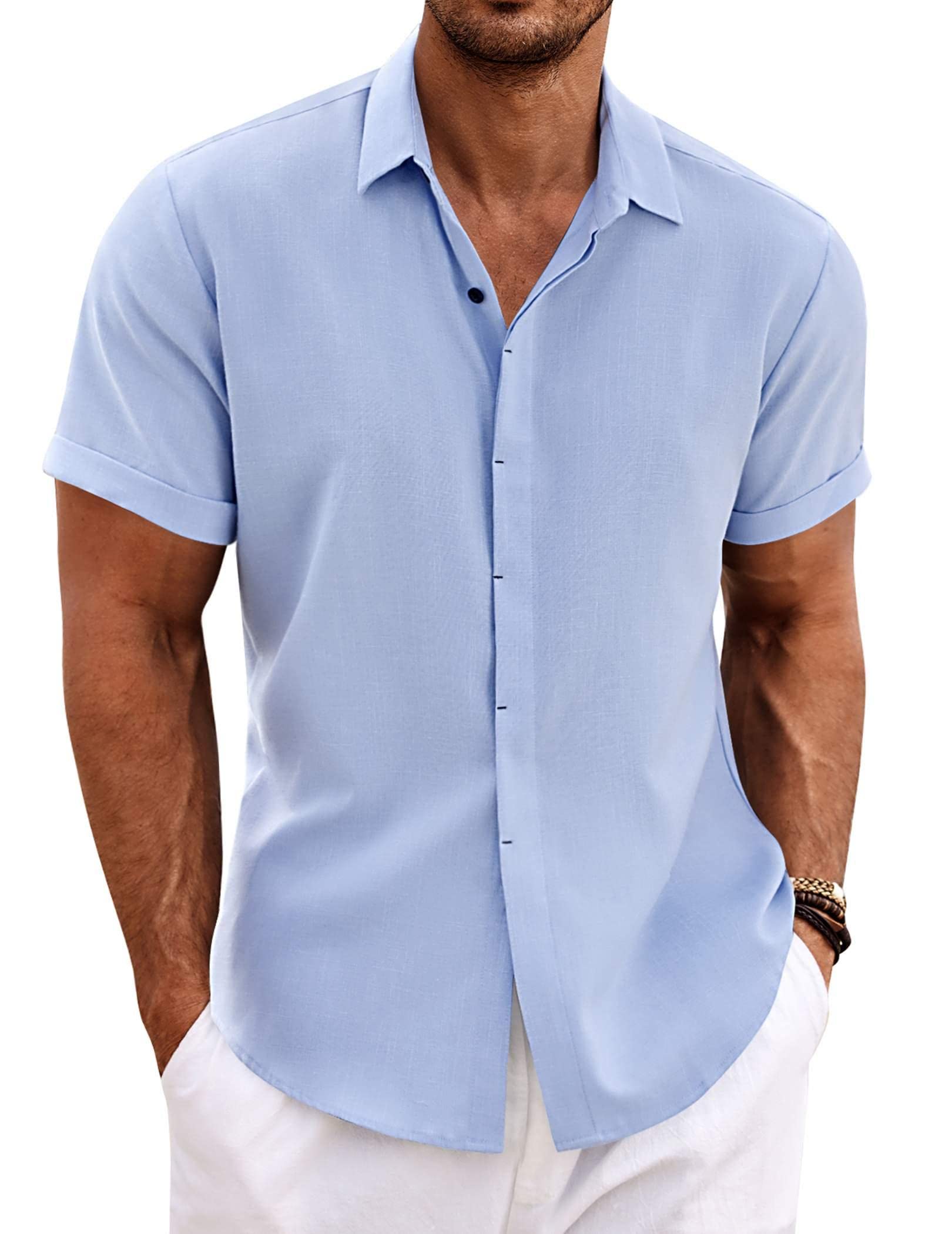 COOFANDY Men's Linen Shirts Short Sleeve Casual Shirts Button Down Shirt for Men