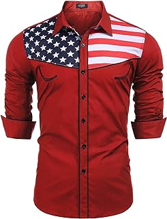COOFANDY Camisa de manga larga con botones y bandera estadounidense para hombre - - Medium