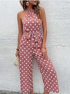 Women Polka Dot Halter Neck Jumpsuit with Self Tie Belt Wide Leg Cropped Dress Summer Vacation Beach Casual