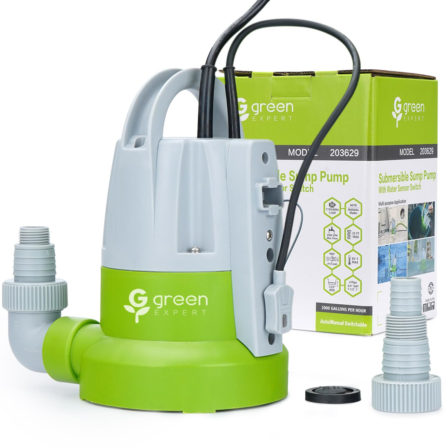 Green Expert 1/3HP Submersible Sump Pump with Water Sensor Switch, Low Water Las