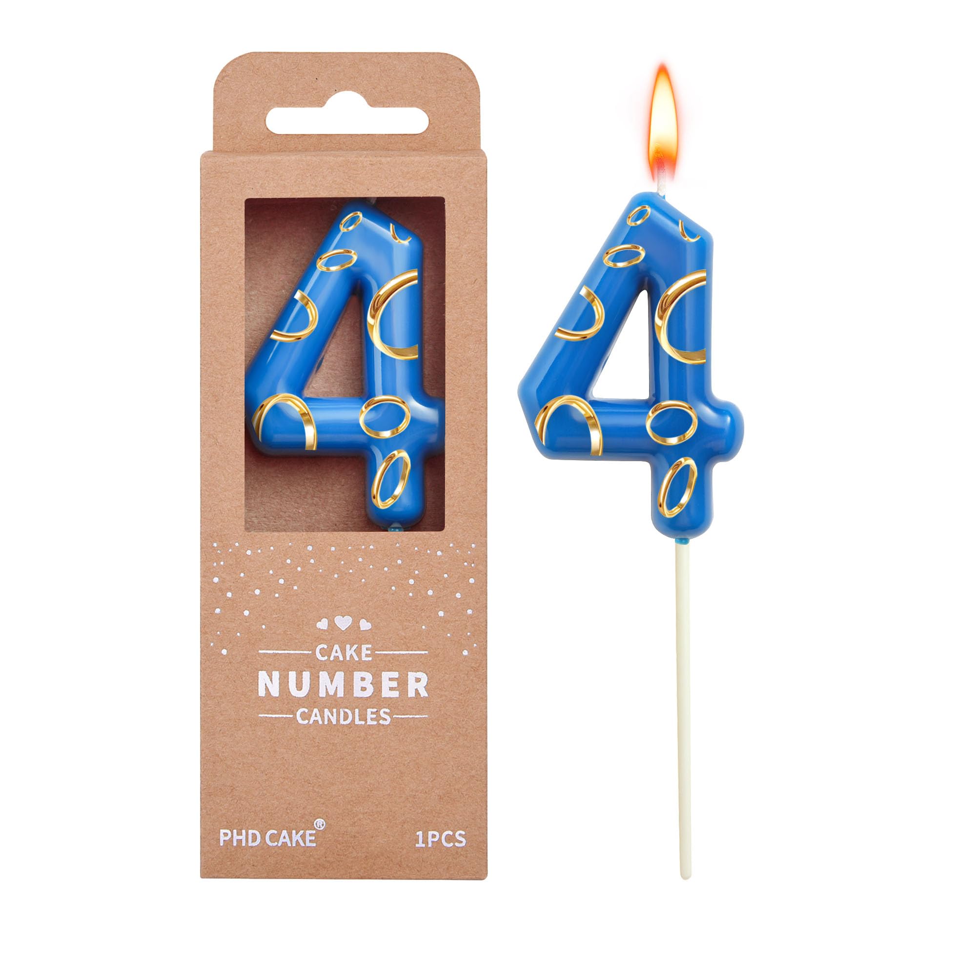 PHD CAKE 2.76 Inch Blue and Golden Rings 4 Number Birthday Candles, Anime Cartoo