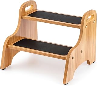 StrongTek Wooden Step Stools for Kids, Toddler 2 Step Stool for Bathroom with Non-Slip Stepping Surface, Portable Stepping Stool with Handles for Kitchen and Bedroom, 350 lbs Capacity (Natural)