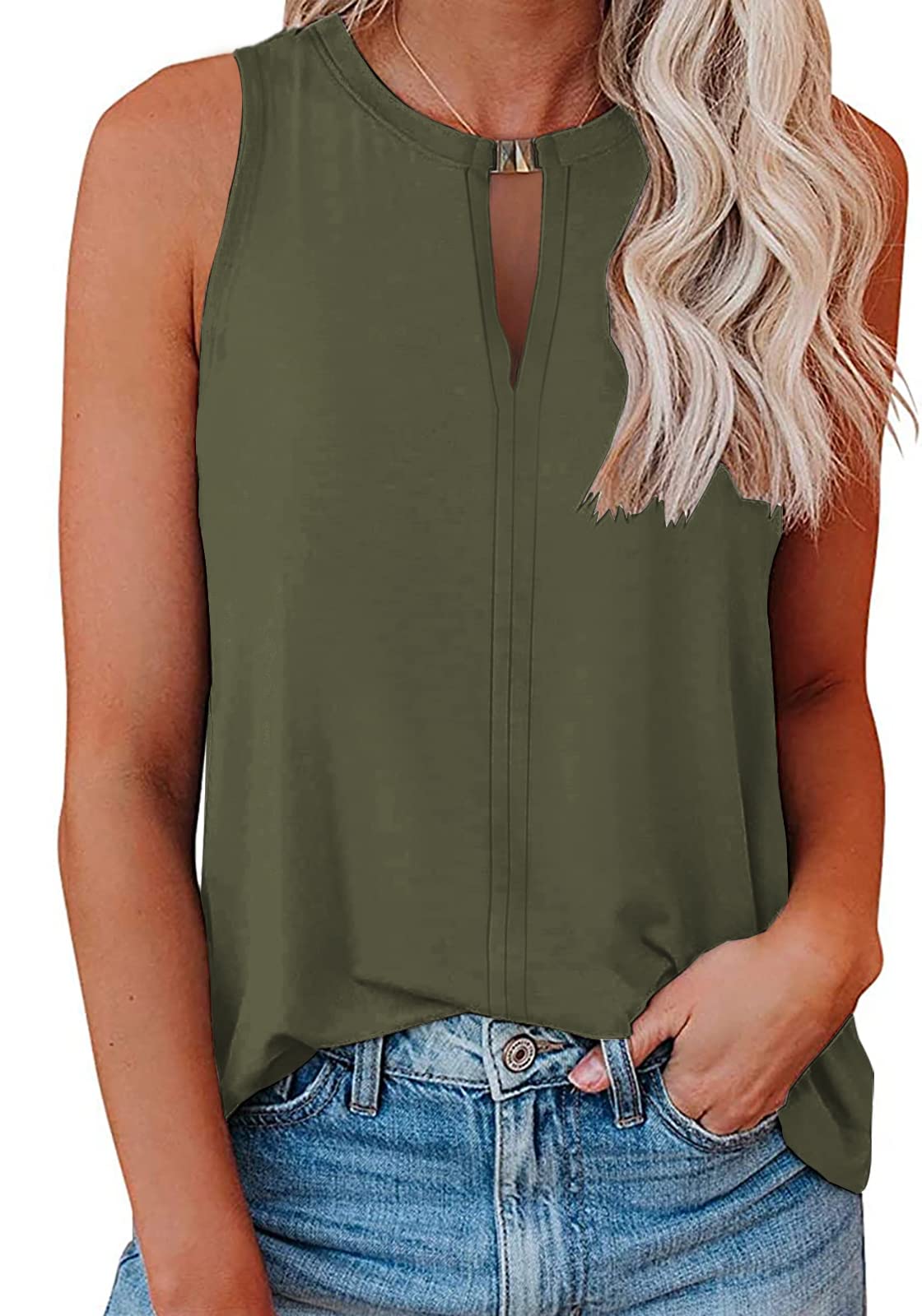 Soesdemo Women's Keyhole V Neck Sleeveless Summer Casual Loose Fit Business Cute