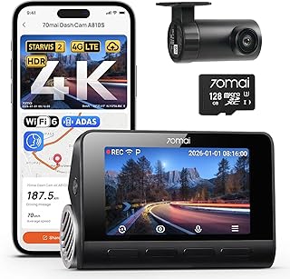 70mai A810S 4K Dash Cam Front and Rear Camera with STARVIS 2, 128GB Card | AI Motion Detection, WiFi 6, 5 GPS, 24H Parking Mode, HDR Night Vision, Voice Control, ADAS