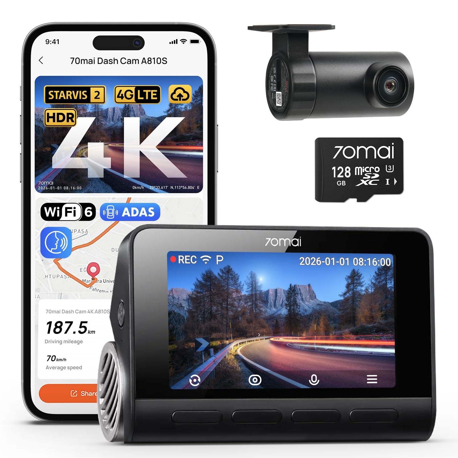 70mai A810S 4K Dash Cam Front and Rear Camera with STARVIS 2, 128GB Card | AI Mo