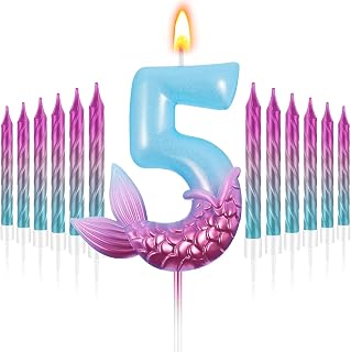MTLEE 13 Pcs Mermaid Birthday Candles, Number 5 Cake Topper Rainbow